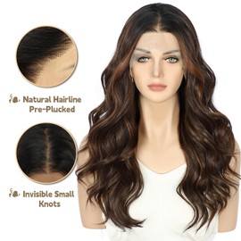 Sapphirewigs Brown Wig Lace Front 13 x 4 Synthetic Wigs Body Wave Brown Lace Front Hair Pre-Plucked Daily Wear Party Date Christmas 56 cm