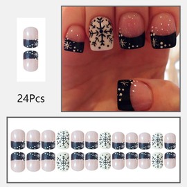 24 Pcs Snowflake Press on Nails Short Christmas Fake Nails Black French Tip False Nails with Design Winter Acrylic Nails Press ons Xmas Glue on Nails Holiday Stick on Nails for Women Girls