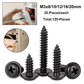 FandWay Phillips Pan Head With Washer Self-Tapping Screws,Black Carbon Steel Wafer Head Tapper Screws, M3 x 8/10/12/16/20mm Truss Head Screws,Wood Screws Assortment Set (25-Pieces/each)
