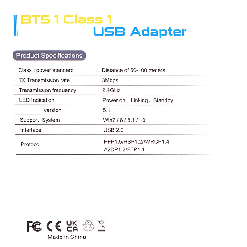 USB Bluetooth 5.1 Adapter for PC Long Range 100M Class