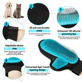 Beenefits 2025 Pet Grooming Glove with Tipped Pin Brush,Special Design Deshedding Glove, Perfect Petting Tool for Sensitive Dogs & Cats with Long & Medium Fur, Massage Mitt - Right-Hand - Blue