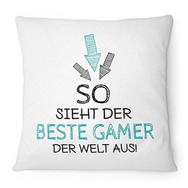 Fashionalarm Cushion "So sieht der beste Gamer der Weltaus" 40 x 40 cm with Filling Gift Idea Gamer Computer Player Gaming Online Game PC, Colour: White