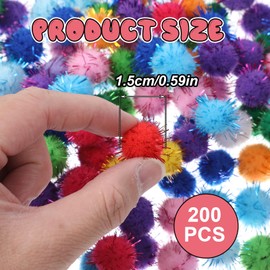 oruola 200pcs Pom Poms Craft,1.5cm Glitter Pom Poms,Multicolor Sparkly Pom Poms Balls for Arts Craft,Soft Cat Toy Balls with Tinsel Fluff Indoor Pompom,Fluffy Craft Pompoms for DIY Decorations