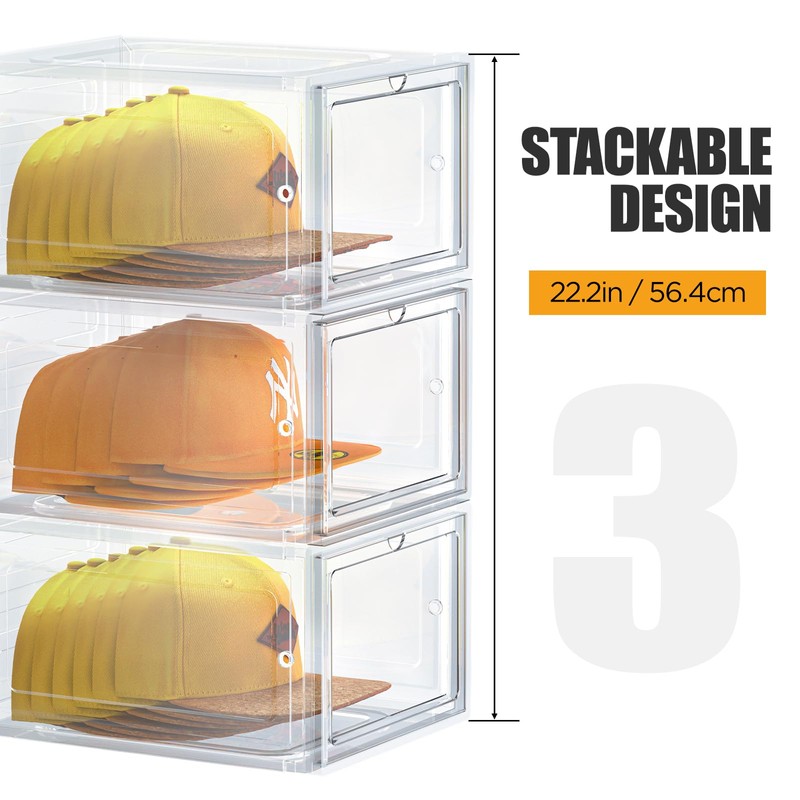 SCAVATA Hat Organizer Box, Stackable Clear Baseball Caps Holder Box
