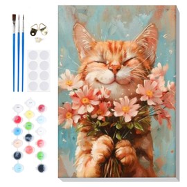 Bowetile Cat with Flowers Paint by Numbers Adult Kit Beginner, Adults Paint by Number Kits on Canvas with Frame, Cats Peinture a Numero Adulte, DIY Acrylic Oil Painting Art Craft Kits, 8x12in