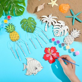 Silipull 24 Sets Tropical Wind Chimes Craft for Kids Make Your Own Summer Tropical Wind Chime DIY Wooden Hanging Ornament for Kids Hawaiian Summer Party Outdoor Decoration