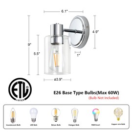 ALAISLYC 2 Light Bathroom Wall Sconce Light Fixtures with Clear Glass Bathroom Wall Lights Over Mirror Vanity Lights Chrome with E26 Base