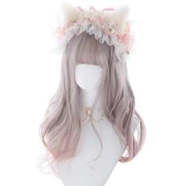 Harajuku Style GAL Heat Resistant Wig, Curly Long, Curly Hair, Gradient Wig, Lolita Wig, Party, Lolita Style, Everyday, Cosplay, Small Face Effect (Gray, Pink)