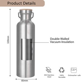 Stainless Steel Water Bottle, 1 Litre, Insulated Thermos Flask for Sports, BPA-Free, Leak-Proof Metal Water Bottle for Hot & Cold Drinks, Outdoor Drinking Bottle for Office, Sports, School, Fitness
