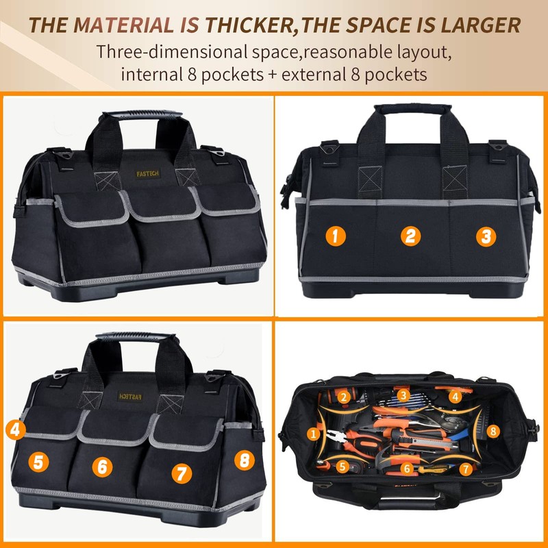 FASTECH 22-inch Wide Mouth Tool Bag with Water Proof Molded