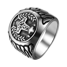 Flonge Men's Thor Hammer Ring: Viking Norse Mjolnir Ring Vintage Stainless Steel Three-dimensional Pattern Ring Fashion Amulet Jewelry Gift for Men Size 11
