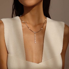 Wendalern Boho Crystal Choker Necklace Gold Rhinestone Pendant Necklace Crystal Y Lariat Necklaces CZ Tennis Chain Necklace Jewellery for Women and Girls