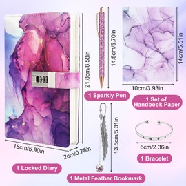 Candcamp Diary with Lock for Girls, Purple Kids Journal Password Journal Notebook Kit with Bracelet Pen Bookmark Washi Paper