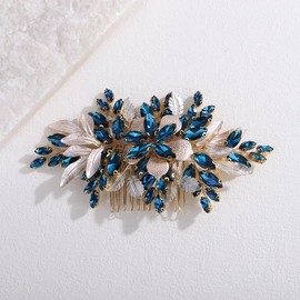 Xerling Handmade Wedding Blue Rhinestone Hair Comb Floral Bridal Headpiece Brides Flower Hair Piece Accessories Vintage Side Comb for Women (Peacock Blue)