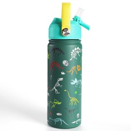 Kids Insulated Water Bottle with Straw 18oz - 18/8 Stainless Steel Toddler Water Bottle for School Travel Boys Girls (Dinosaur Fossil)