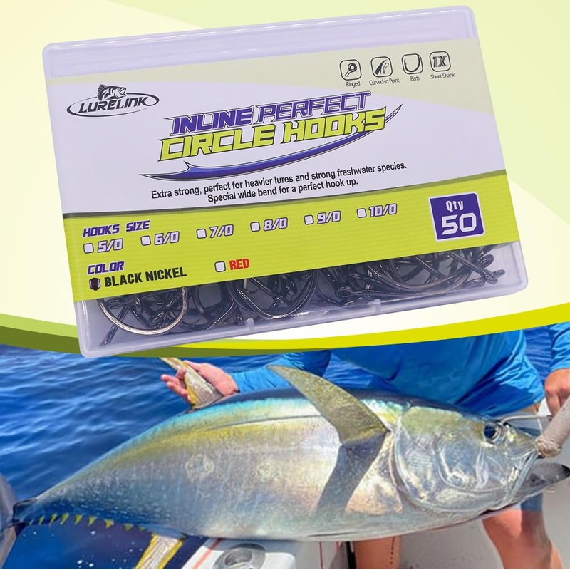 LURELINK-Inline-Circle-Hooks-Saltwater-for-Catfish-Bass-Octopus-Hooks-Fishing-Hook-Freshwater 50 Pack (3/0 50-Pack, Black)