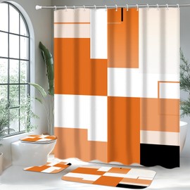 KINUUIS 4 Pcs Geometric Bathroom Shower Curtain Sets with with Toilet Lid Cover and Non-Slip Rugs, Orange Modern Abstract Bathroom Decor Sets with Shower Curtain and Rugs for Bathroom