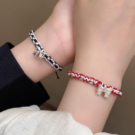 TUCEWP BFF Bracelets for 2 Bow Matching Bracelets Red Black String Bracelets for Best Friend Friendship Bracelets for Women Adjustable Cord Bracelet Bow Charm Braided Rope Bracelets Sisters Bracelets
