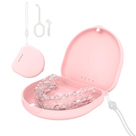 Retainer Case, Compatible with Invisalign, Slim Aligner Case with Vent Holes, Portable Orthodontic Case with Removal Tool, Brush and Lanyard, Pink