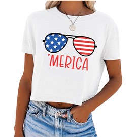 American Flag Sunglasses Crop Top Shirts for Women USA Flag Graphic Tees 4th of July Patriotic Stars Stripes T Shirt (White-1, X-Large)