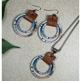 Beautiful Boho Multi Colored Blue Double Hoop Wood and Leather Statement Earrings, Stainless Steel Necklace, or Necklace and Earring Set – Gift for Her (full set, 18")