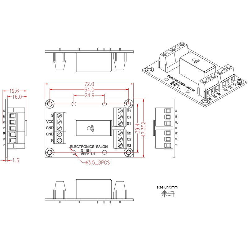ELECTRONICS-SALON Bistable/Latching DPDT 8 Amp Power Relay Module, DC12V Coil,