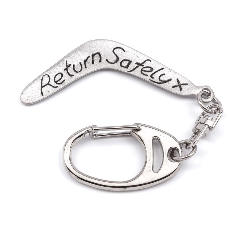Metal Planet Ltd Boomerang keyring with 'Return safely x' message
