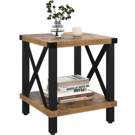 MMEOLUOOK Large End Table Farmhouse Side Table Industrial Style Sofa Table Coffee Table Metal X Accent Wood End Table NightStand with Storage Shelf for Living Room Bedroom MLBZ16R