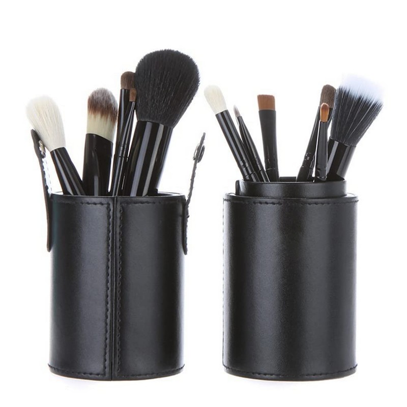 Black PU Leather Makeup Brush Case Holder with Lock Lid