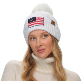 C.C USA Chenille Patch Beanie with Pom for Women Unisex - Acrylic Stretchable Soft Warm with Faux Fur Pom Knit Winter Skully Hat