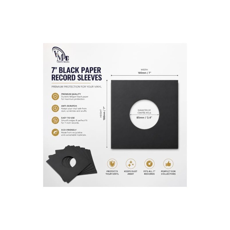 Vision Media® 7'' Black Paper Inners Sleeves - Acid Free