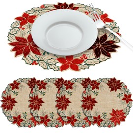 OWENIE Christmas Poinsettia Round Placemats, Embroidered Applique Placemats Set of 4, Red Velvet Poinsettia Flower Linen Table Mats, Machine Washable (15" RD Set of 4)