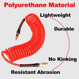 Keepro Polyurethane Recoil Air Hose, 1/4 Inch ID By 25 Feet Long Air Compressor Hose with Repairable Solid Brass 1/4" Industrial Quick Coupler and Plug, 145 PSI Maximum Pressure, Red
