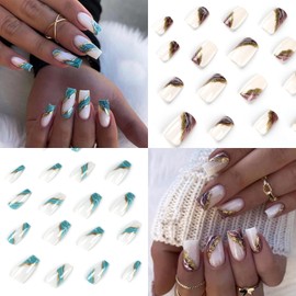 48 Pcs Press On Nails Medium Coffin Long Fake Nails Acrylic Gradient Fake Nails with Glitter Square Marble Full Cover Stick On Nails for Women
