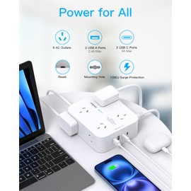 Power Board Surge Protected, 8 Outlets with 4 USB (2 USB C) Charging Ports, Multi Plug Outlet Extender,1.2M Extension Cord, Flat Plug Wall Mount Desk Charging Station for Home Office Dorm