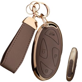 WiiLemz Key Fob Cover for Hyundai with Key Chain, Upper Leather + Soft TPU Car Key Case Shell Protector Fit for Ioniq 6 Grandeur GN7, KONA, Elanrtra, Santa Fe, Sonata, Tucson (BROWN, 7 BUTTONS)