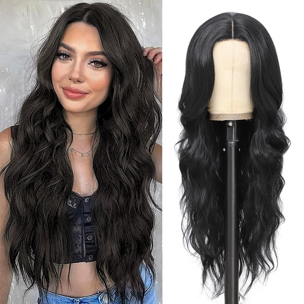 LUVEUNI Black Wigs for Women Middle Part Long Wavy Wig