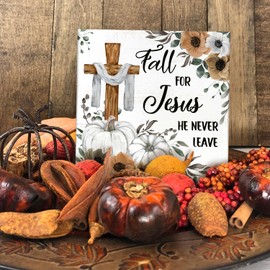 JXREQ Christian Sign Fall Decor Wood Box Sign Desk Decor, Christian Decor Rustic Farmhouse Inspired Home Decor for Tabletop Living Room Bedroom, Fall for Jesus He Never Leaves Sign 5x5 Inch