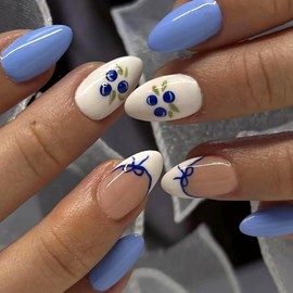 MERVF Oval Press on Nails Short Fake Nail White French Tip Round Glue ons Nail Blueberry Design Acrylic False Cute Fruit Manicure Supplies Art DIY Glossy 24pcs