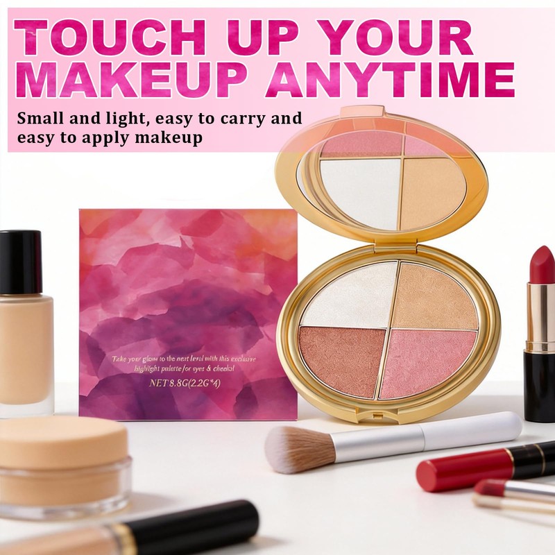 4-In-1 Eye & Cheek Palette, Blush Highlighter with 1 PCS