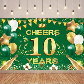 6X3.6FT Green Gold Cheers 10TH Years Banner Backdrop, Green Gold Happy 10th Birthday Decorations for Women Men Her Him Anniversary Photography Party Supplies. (G-Cheers10)