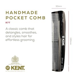 Kent R7T Graphite Fine Tooth and Wide Tooth Hair Comb - Handmade Pocket Comb for Men, Best Beard and Mustache Comb for Everyday Grooming, Sawcut made in England