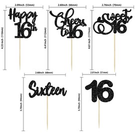 Paquete de 30 adornos para magdalenas de feliz cumpleaños 16, purpurina negra, dulces de 16 vítores a 16 años de edad, para decoraciones de pasteles de feliz cumpleaños 16 cumpleaños