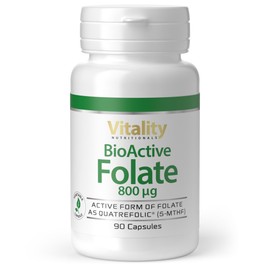 Folic Acid 800 µg Bioactive with Quatrefolic Folic Acid Capsules High Dose (Pack of 90) Premium Dietary Supplement BioActive Folate Vitality Nutritionals by VitaminExpress