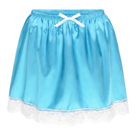 Satini Frilly Lace Sissy Ruffled Silky Satin Half Slip Petticoat Dolly Skirt (Aqua Blue, XL)