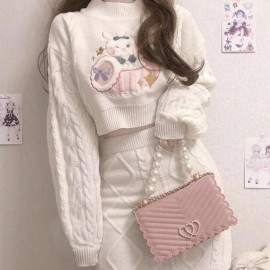 None Bunny Heart Sweater Knit Crop Top Skirt Set | Women Kawaii Lolita Knit Dress