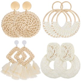 meekoo 4 Pairs Rattan Earrings for Women Beach Essentials Tassel Dangle Boho Straw Earrings(Bright)