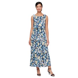 S.L. Fashions Women's Long Pleated Tiered Wedding Guest, Spring/Summer Day Dress, Navy Multi