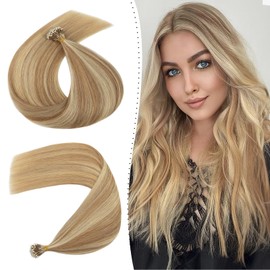 Nano Ring Hair Extensions 16inch 1g/s Pre Bonded 50g Nano Tip Bondings 100% Real Remy Human Hair #12P613 Golden Brown&Bleach Blonde With Nano Beads Cold Fusion 50 Strands