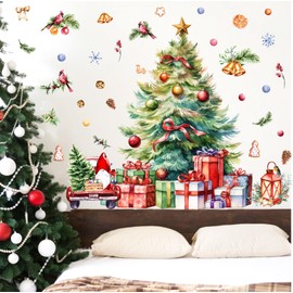 Large Christmas Tree Wall Decals Watercolor Giant Pine Tree Wall Stickers Removable Christmas Bell Bird Car Ornaments Wall Decals Big Xmas Tree Wall Stickers Holiday Christmas Party Decorations